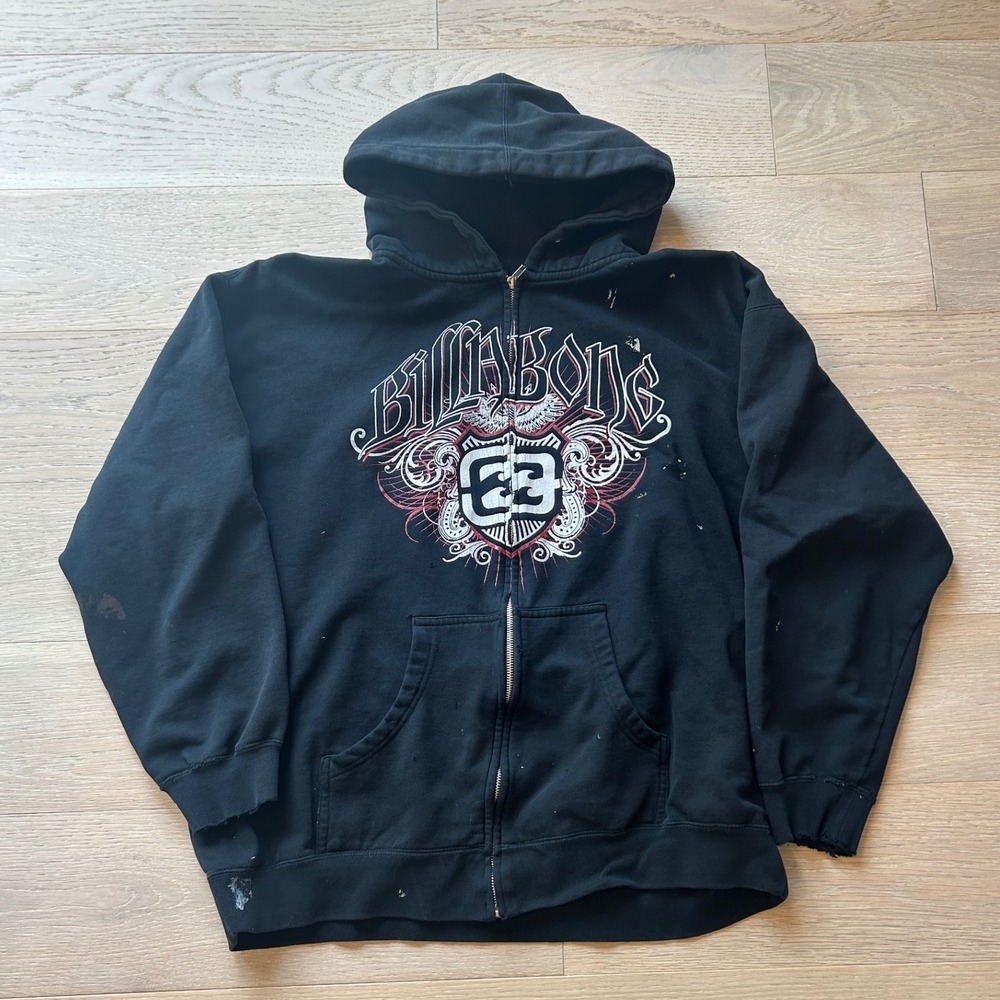 Billabong Mens Black Graphic Full Zip Hoodie Distressed Skater Y2K 0680